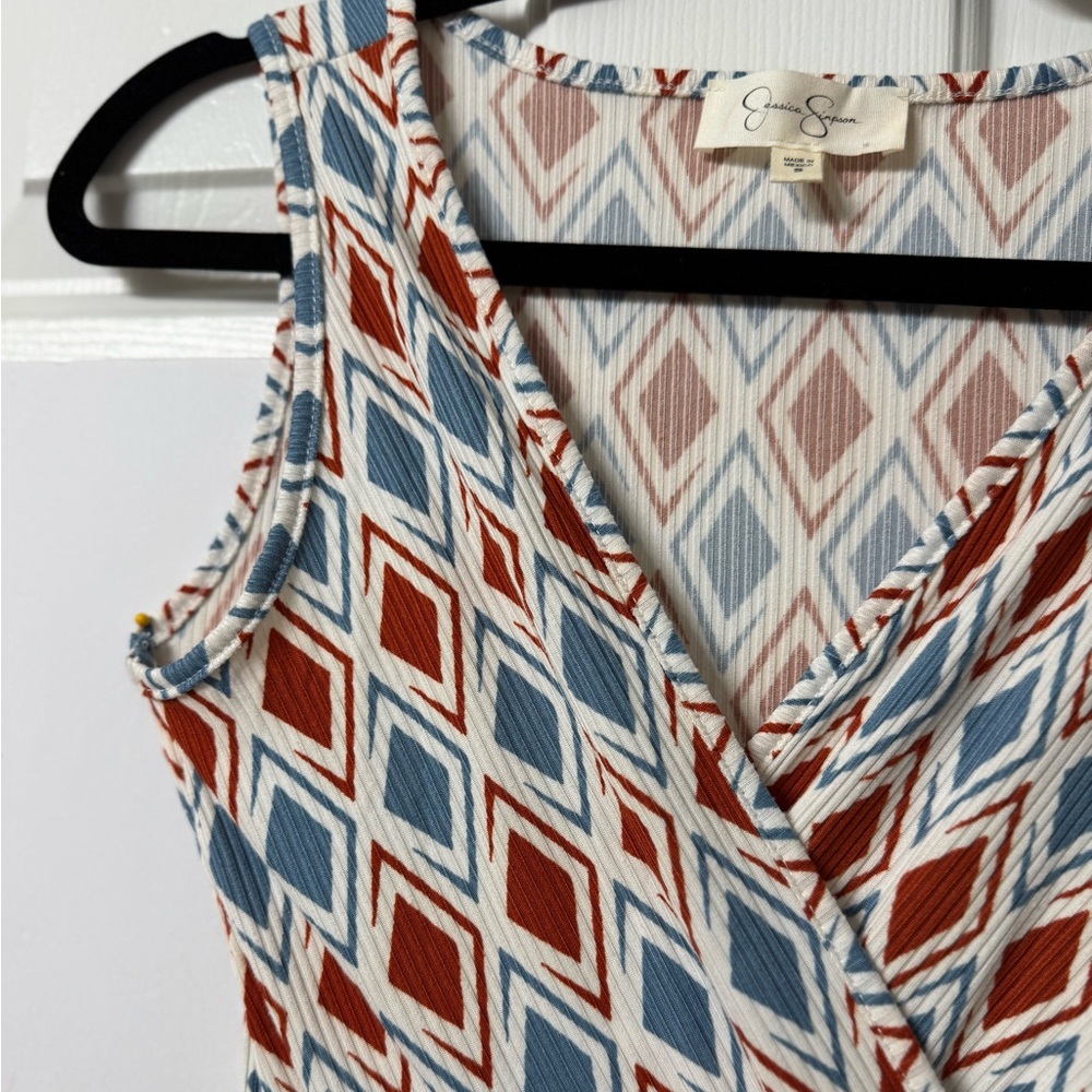 Jessica Simpson Faux Wrap Dress, S, blue/red sleeveless, V-neck NWOT - Picture 9 of 11